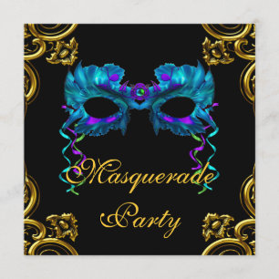 Convite Elegante Festa de Máscaras Azul Marinho Dourado