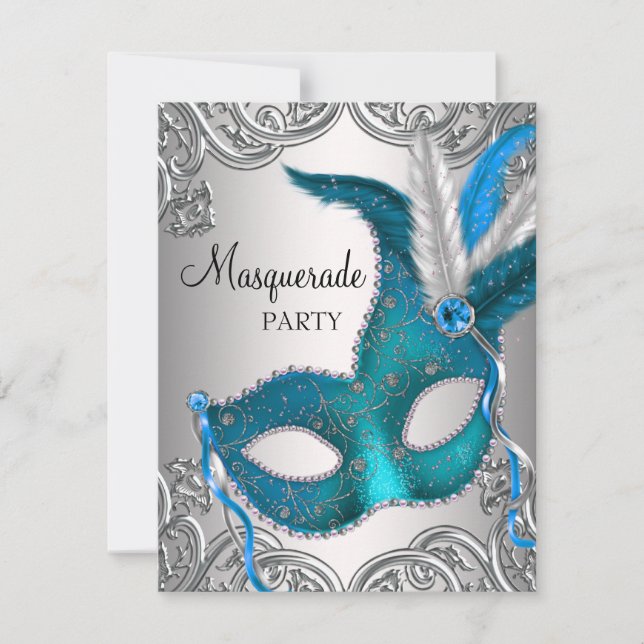 Convite Elegante Festa de Máscaras Azul Turquesa Prata (Frente)