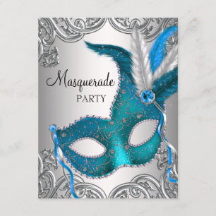 Convite Elegante Festa de Máscaras Azul Turquesa Prata