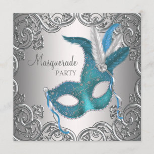 Convite Elegante Festa de Máscaras Azul Turquesa Prata