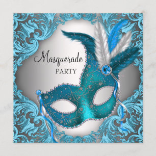 Convite Elegante Festa de Máscaras Azul Turquesa Prata
