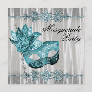 Convite Elegante festa de máscaras em branco e azul-teal