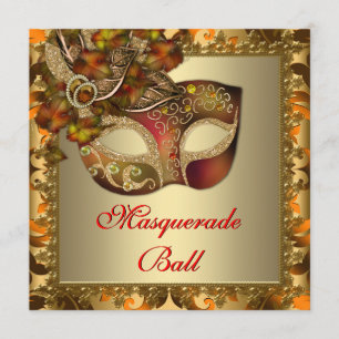 Convite Elegante Festa de Máscaras Laranja Vermelha Dourad