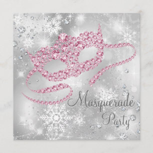 Convite Elegante Festa de Máscaras Prata e Rosa