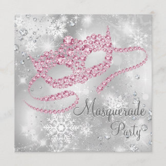 Convite Elegante Festa de Máscaras Prata e Rosa