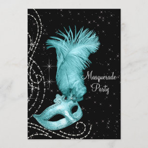 Convite Elegante Festa de Máscaras Preta e Azul Turquesa