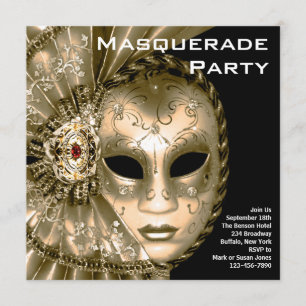 Convite Elegante Festa de Máscaras Preta e Dourada
