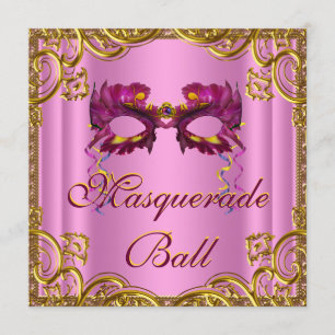Convite Elegante Festa de Máscaras Rosa e Dourado
