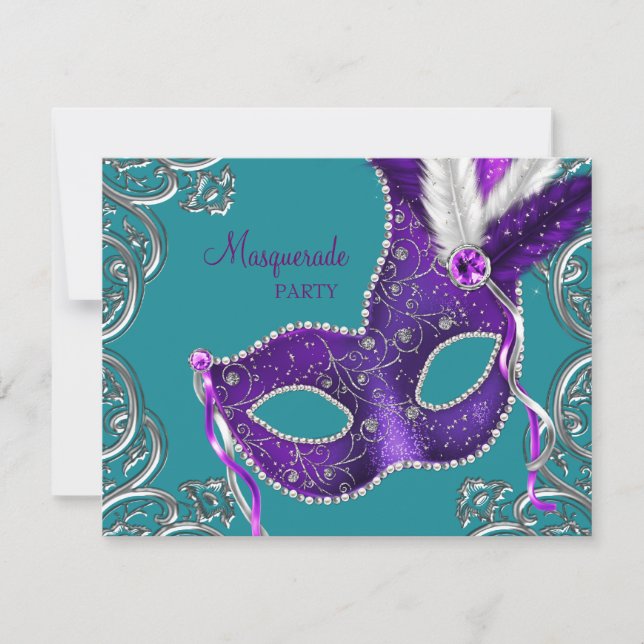 Convite Elegante festa de máscaras roxa e azul-turquesa (Frente)