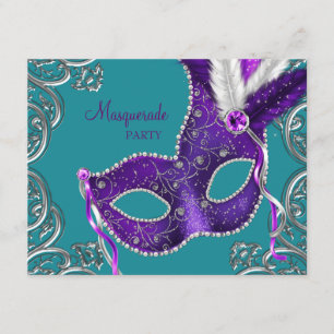 Convite Elegante festa de máscaras roxa e azul-turquesa