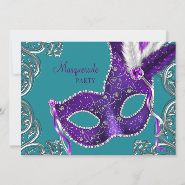 Convite Elegante festa de máscaras roxa e azul-turquesa (Frente)