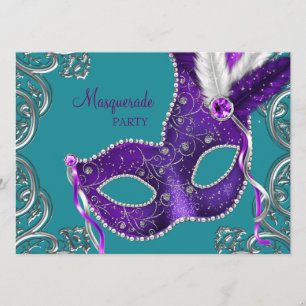 Convite Elegante festa de máscaras roxa e azul-turquesa