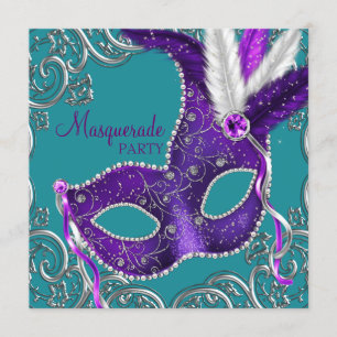 Convite Elegante festa de máscaras roxa e azul-turquesa