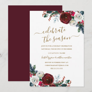 Convite Elegante Festa de Natal Burgundy Floral
