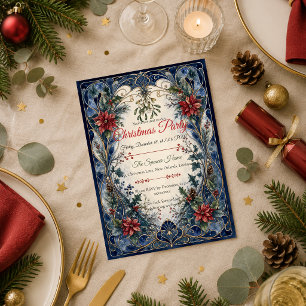 Convite Elegante Festa de Natal em Azul Marinho Art Nouvea