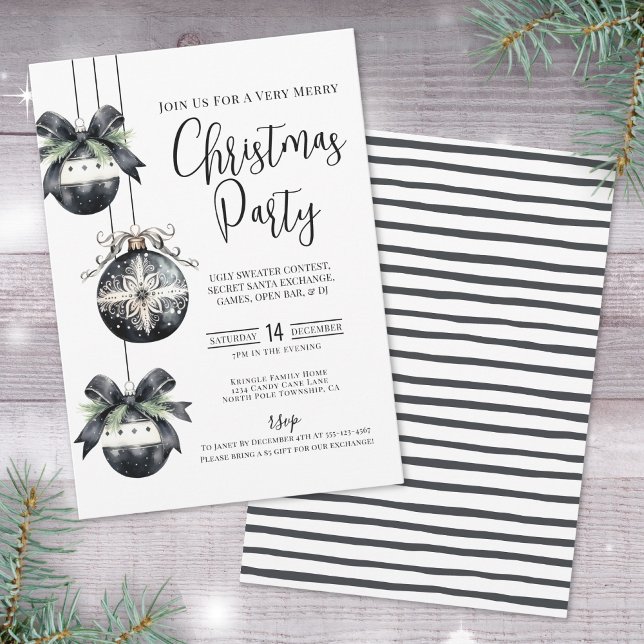 Convite Elegante Festa de Natal Simples Preto e Branco (Elegant Simple Black White Christmas Party Invitat Invitation)