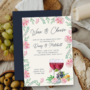 Convite Elegante Festa de Noivado Floral com Vinho e Queij