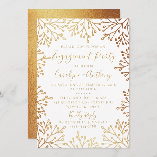 Convite Elegante Festa de noivado Floral de Folha Branca e (Frente/Verso)