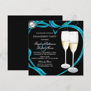 Convite Elegante Festa de Noivado Preto Prata e Azul Turqu