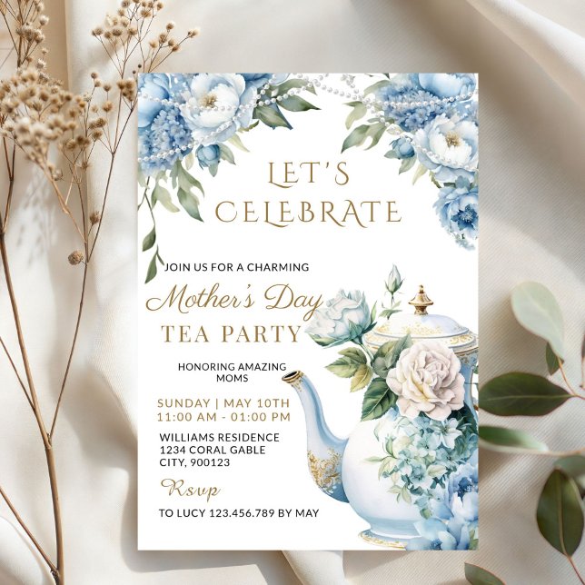 Convite Elegante Festa do Chá com Flores Azuis no Dia das  (Elegant Blue Floral Vintage Teapot Tea Party Invitation)