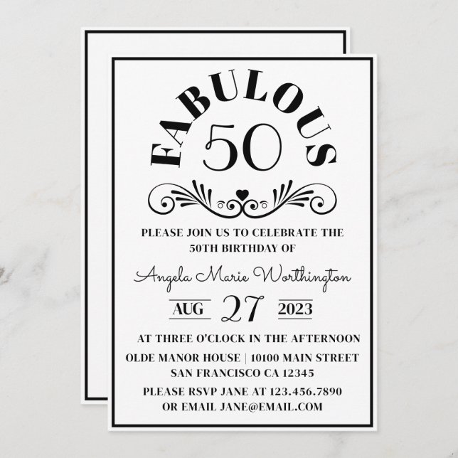 Convite Elegante festa moderno preto e branco fabuloso cin (Frente/Verso)