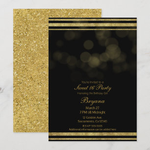 Convite Elegante Festa Sweet 16 Brilho Preto Dourado
