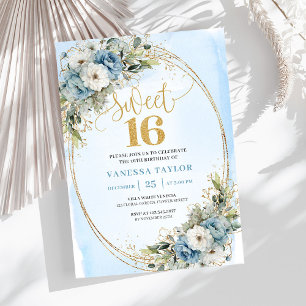 Convite Elegante Festa Sweet Sixteen Floral em Azul Poeire