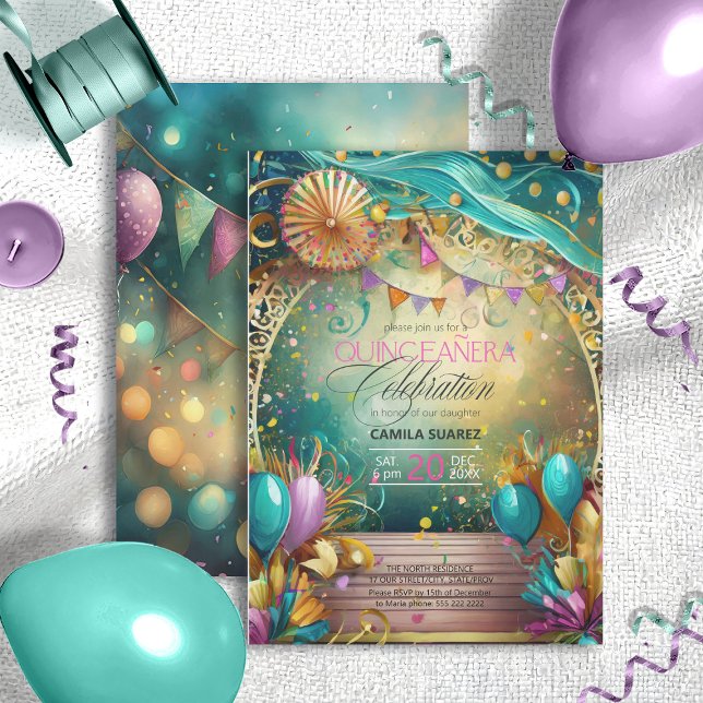 Convite Elegante Fiesta Quinceanera Lavanda/Teal ID1029 (Criador carregado)