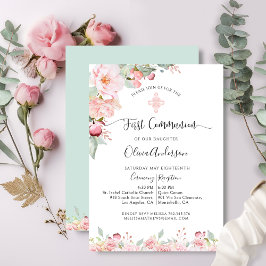 Convite Elegante First Communion Rosa Dourado, Mint Floral