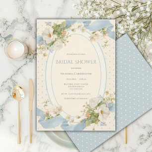 Convite Elegante Fita Floral de Bolinhas Azuis para Chá de