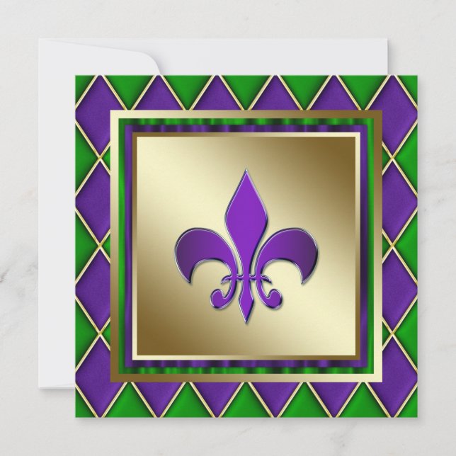 Convite Elegante Fleur De Lis Casamento de Mardi Gras (Frente)