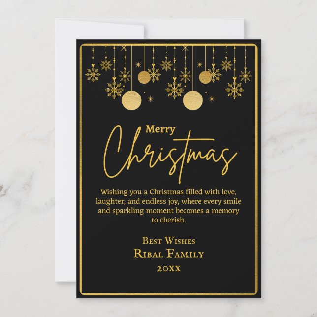 Convite Elegante Floco de Neve Preto e Dourado Feliz Natal (Frente)
