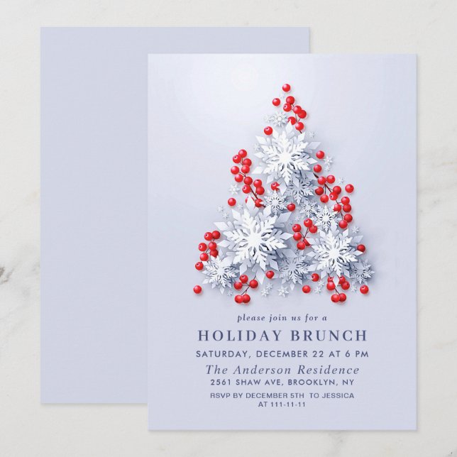 Convite Elegante Flocos de neve NATAL HOLIDAY BRUNCH (Frente/Verso)