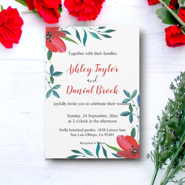 Convite Elegante Flor de Água-marinha Vermelha Outono Flor (Criador carregado)