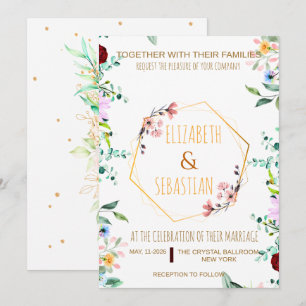 Convite Elegante Flor de Casamento Geométrico Dourado Silv