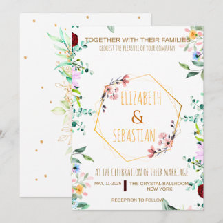 Convite Elegante Flor de Casamento Geométrico Dourado Silv