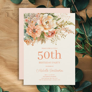 Convite Elegante Flor de Creme de Pêssego Aniversário de 5