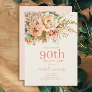 Convite Elegante Flor de Creme Pêssego Aniversário de 90 a