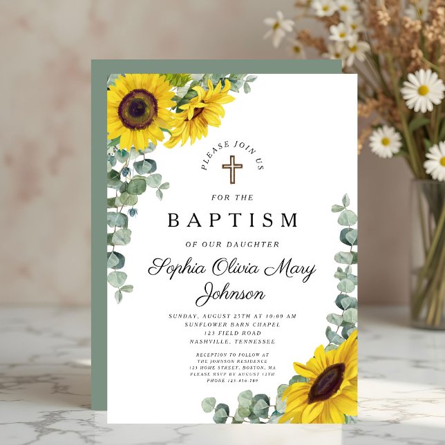 Convite Elegante Flor de Girassol Religioso Batismo (Elegant Floral Sunflower Religious Baptism Invitation)