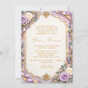 Convite Elegante Flor de Lavanda Moldura Dourada Personali