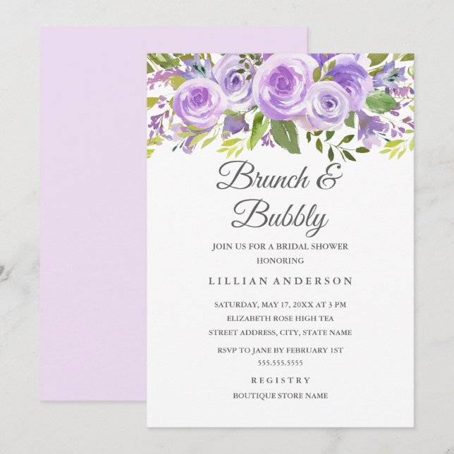 Convite Elegante Flor de Lavanda Rosa Brunch e Espumante (Frente/Verso)