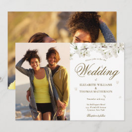 Convite Elegante Flor de Ouro Branco Script 2 Foto