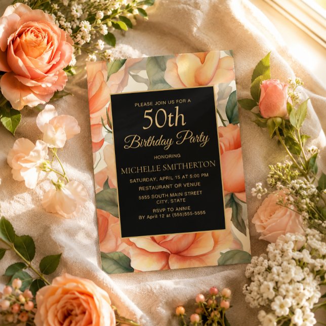 Convite Elegante Flor de Pêssego Preto e Dourado  (Peach roses on black and gold 50th birthday invitation)