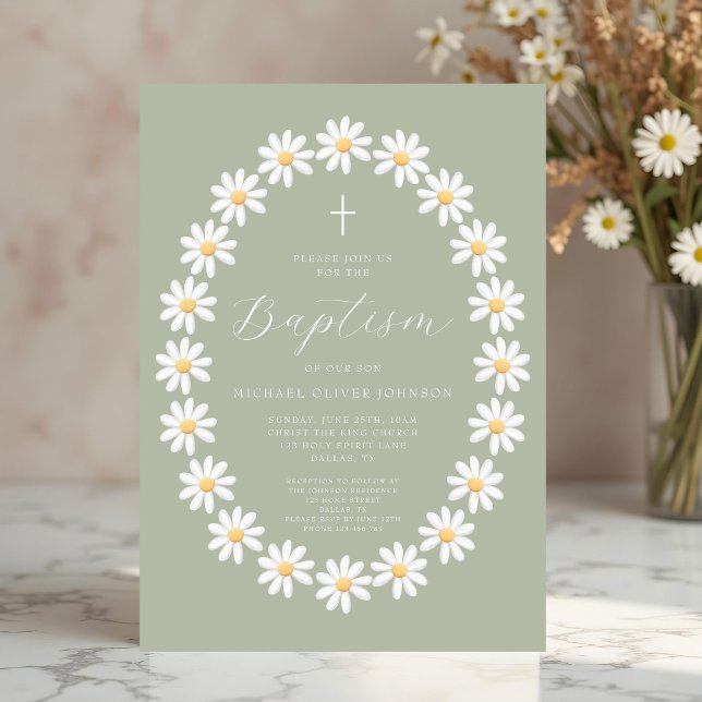 Convite Elegante Flor de Sabugueiro Verde Florais Margarid (Elegant Sage Green Floral Daisies Baptism Invitation)