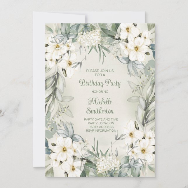 Convite Elegante Flor de Sage Verde Branco de Aniversário (Frente)