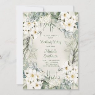 Convite Elegante Flor de Sage Verde Branco de Aniversário