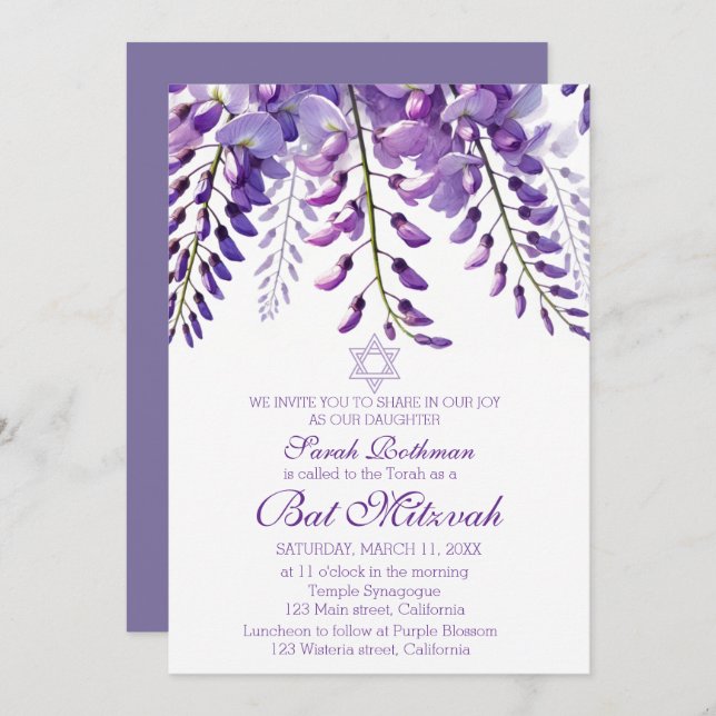 Convite Elegante Flor de Wisteria Roxo Bat Mitzvah (Frente/Verso)