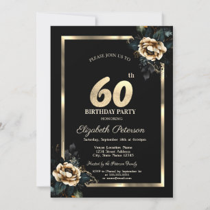 Convite Elegante Flor Dourada Moldura Preta Aniversário de
