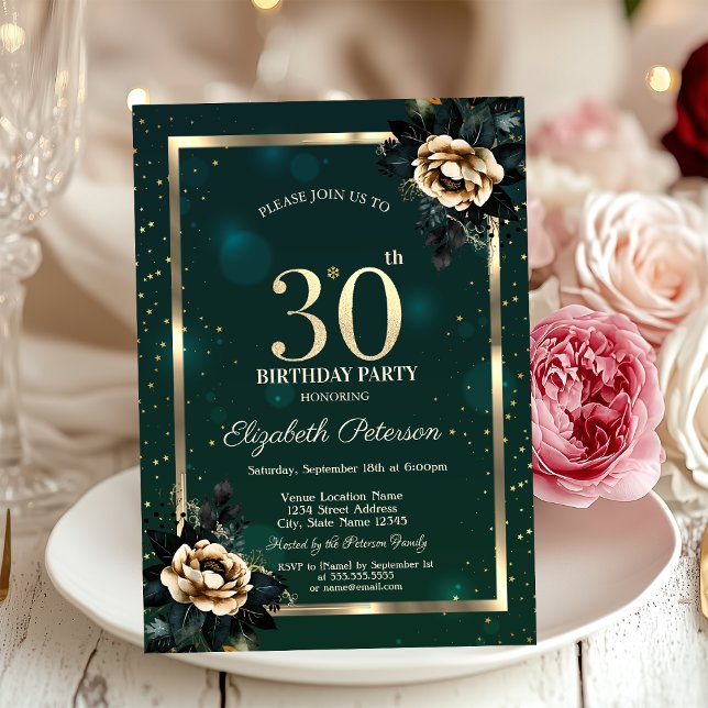 Convite Elegante Flor Dourado Quadro Estrelas Verde 30º (Criador carregado)