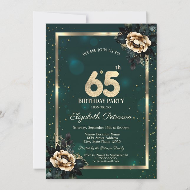 Convite Elegante Flor Dourado Quadro Estrelas Verde 65º (Frente)